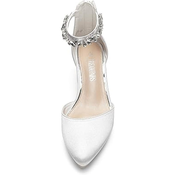 Dream Pairs Womens 9 White Satin Pointy Toe 2.25" Block Heel Ankle Strap Shoes