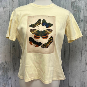 Hand Printed Upcycled Womens Medium Vintage Reference Book Butterfly Page Tee