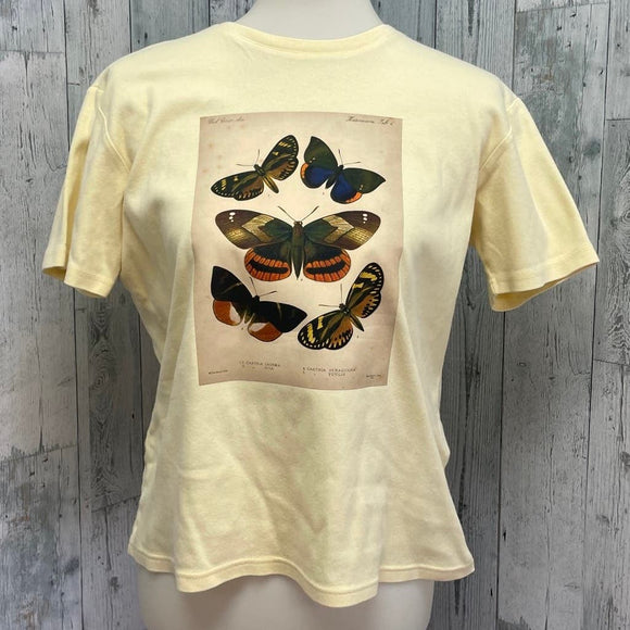 Hand Printed Upcycled Womens Medium Vintage Reference Book Butterfly Page Tee