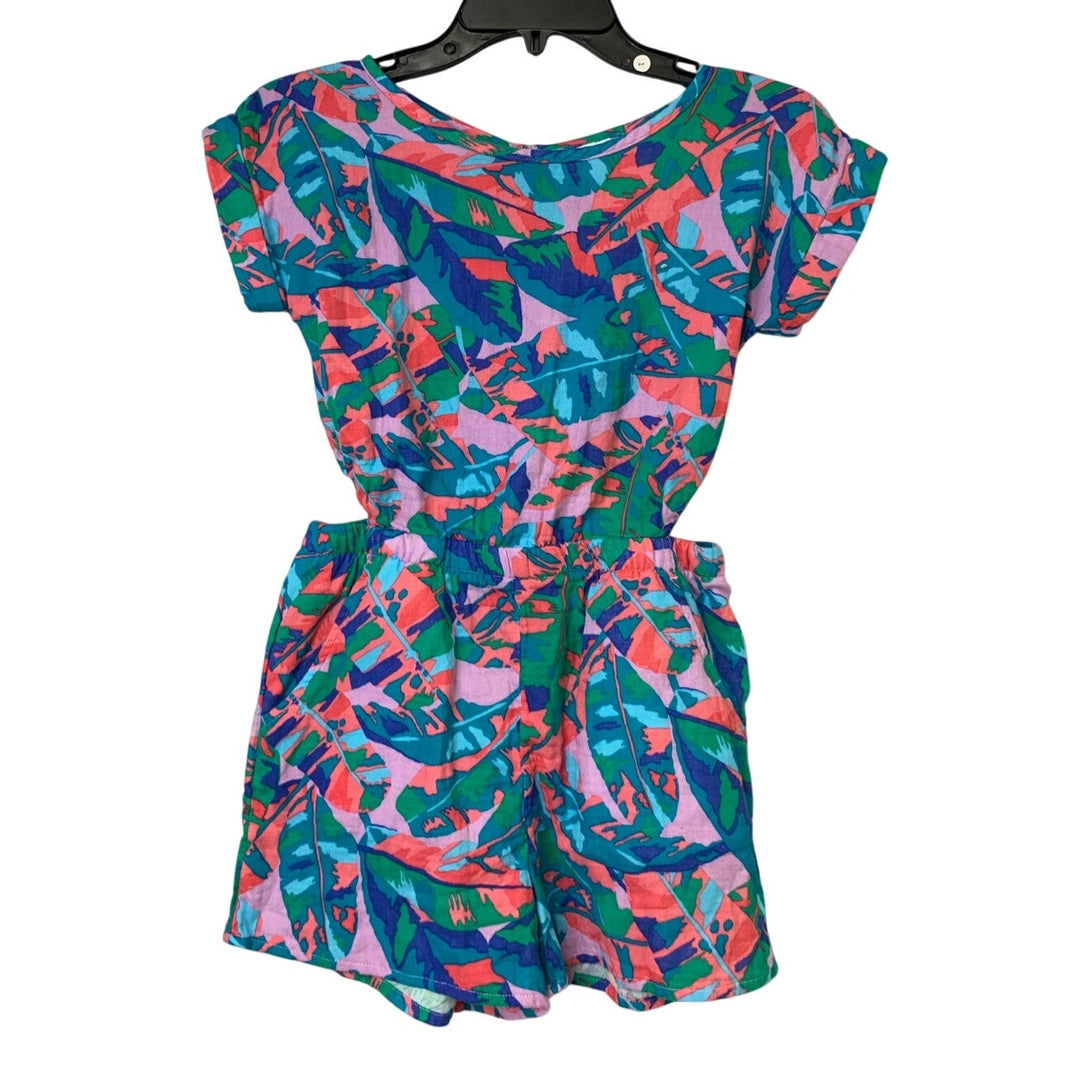 New Cat &amp; Jack Girls Medium (8) Abstract Leaf Short Sleeve Side Cut Out Romper