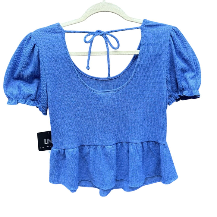 NWT New IN San Francisco Womens Small Short Sleeve Back Tie Polyester Peplum Top