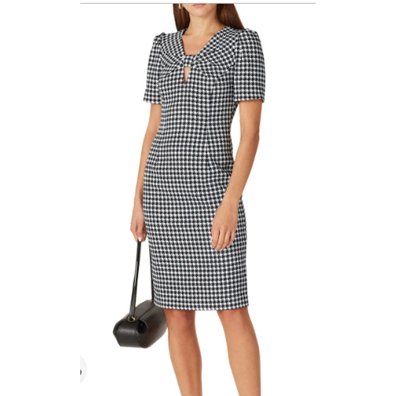 Badgley Mischka Size 2 Black White Houndstooth Twist Bow Neck Knee Length Dress