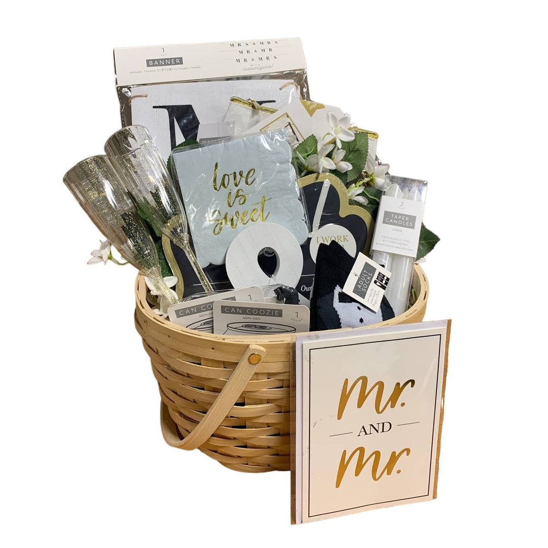 Mr &amp; Mr Gay Men Grooms Tux Socks Banner Decorations Engagement Gift Basket