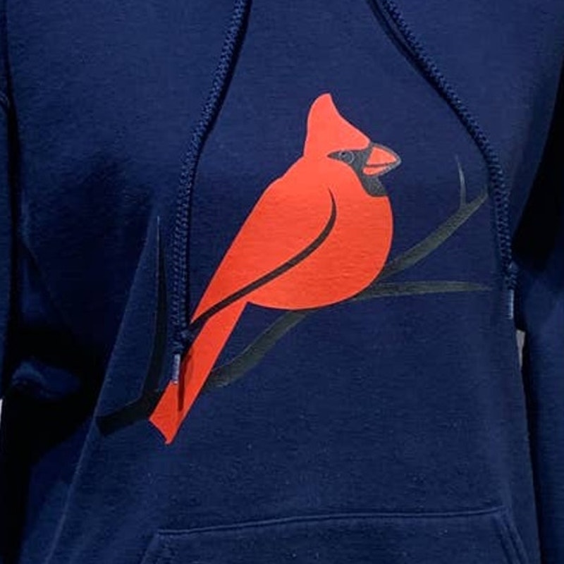 Hand Printed Upcycled Large Red Cardinal Bird PolyCotton Heavy Hoodie Sweatshirt