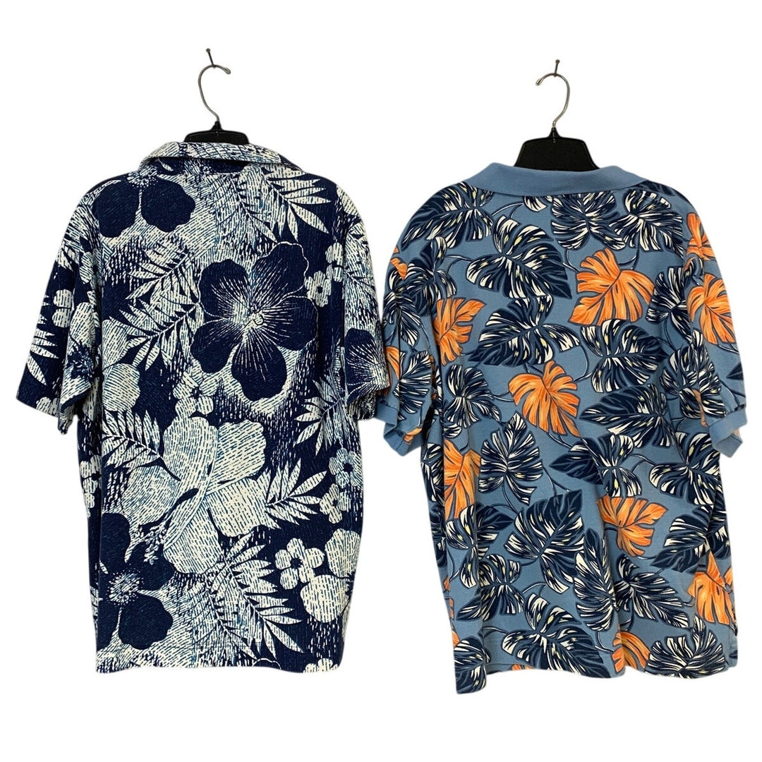 Lot of 2 Nautica Mens XL Blue Floral Tropoical Fern Short Sleeve Polo Shirts EUC