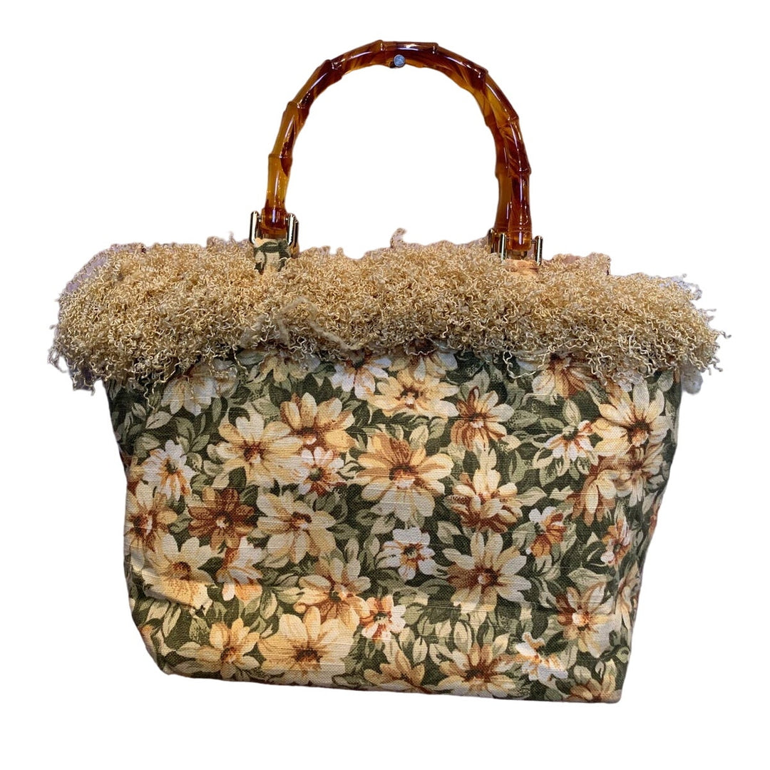 Handmade Yellow Daisy Green Floral Frilly Handbag One of A Kind Purse w Pockets
