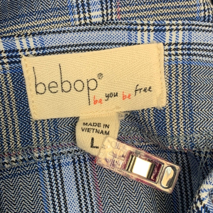 BeBop Womens Large Bib Front Blue Pink Plaid Chinched Waist Sheath Dress