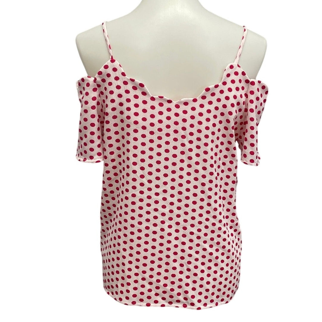 Monteau Los Angeles Womens Large Scalloped Edge Off Shoulder Polka Dot Blouse