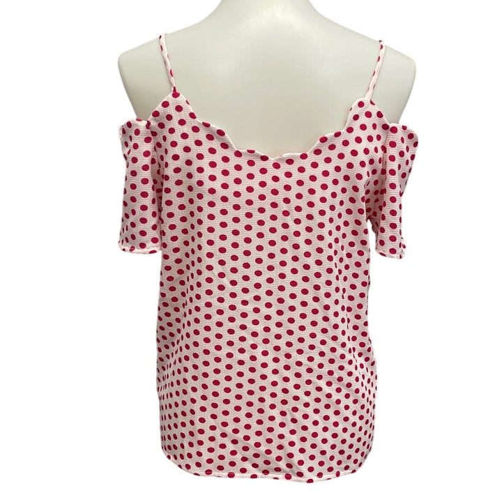 Monteau Los Angeles Womens Large Scalloped Edge Off Shoulder Polka Dot Blouse