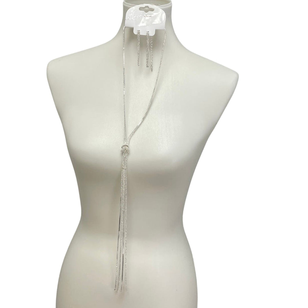 New Silver Toned Rhinestone Square Knot Fashion Jewelry Necklace Earring Set