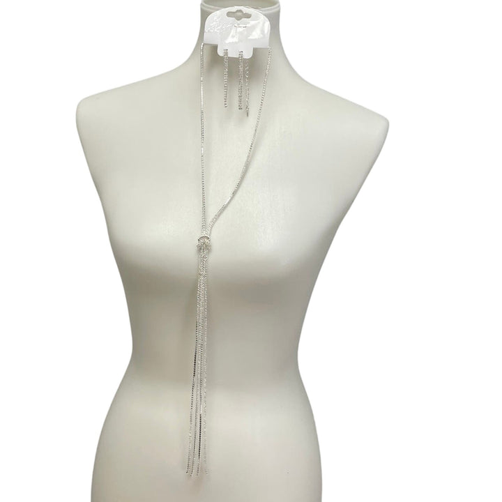New Silver Toned Rhinestone Square Knot Fashion Jewelry Necklace Earring Set