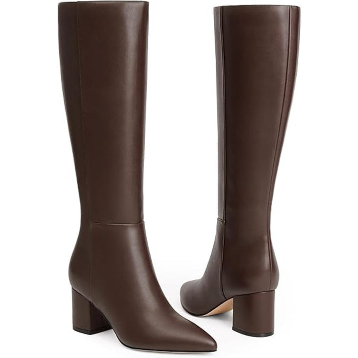New Easyfox Womens Size 10 Brown Faux Leather 3" Block Heel Zip Knee High Boots