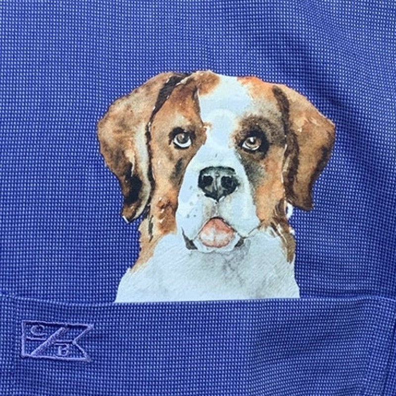 New Hand Printed Upcycled St Bernard Puppy Dog Mens Blue Button Down Shirt