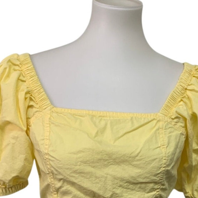 New Aerie Womens Small Pale Yellow Puff Sleeve Smocked Cropped Square Neck Top