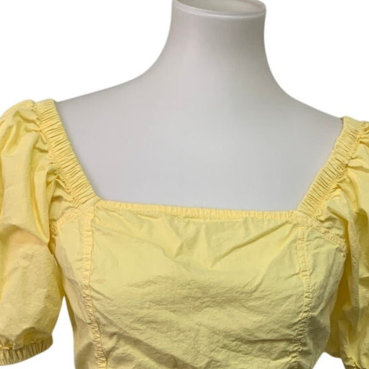 New Aerie Womens Small Pale Yellow Puff Sleeve Smocked Cropped Square Neck Top