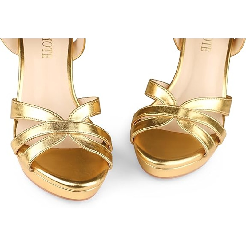Merumote Womens Size 8 Shiny Gold Open Toe Ankle Strap 4" Chunky Heels Shoes