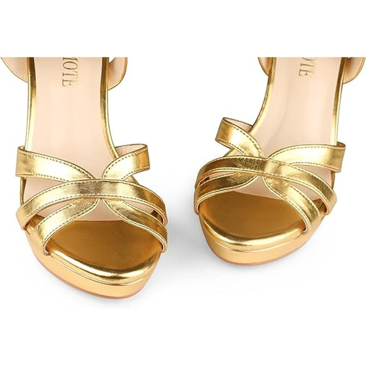 Merumote Womens Size 8 Shiny Gold Open Toe Ankle Strap 4" Chunky Heels Shoes