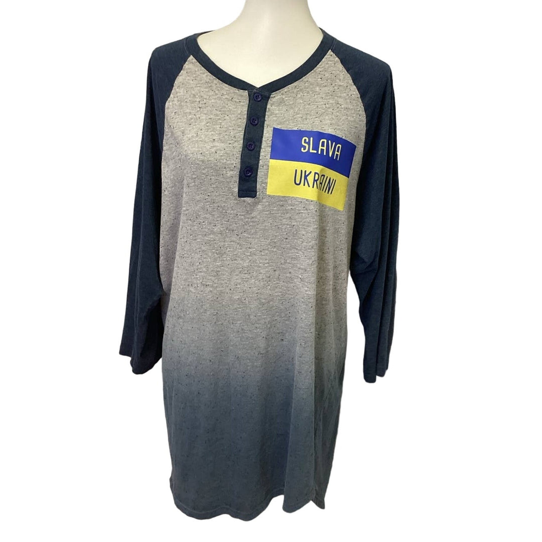 Hand Printed Upcycled Mens XXL Slava Ukraini Long Sleeve 1/4 Button Henley Top