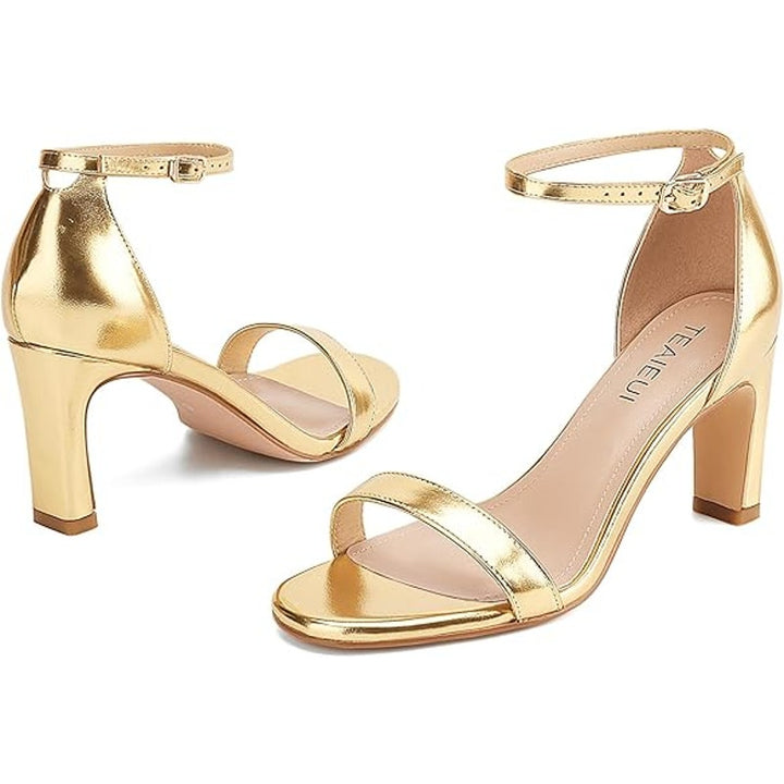 Teaieui Womens Size 6.5 Shiny Gold 3" Heel Open Toe Ankle Strap Sandal Shoes