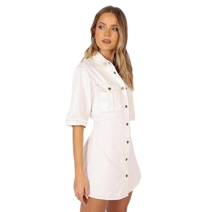 Petal &amp; Pup Womens Size 4 White Hailey Short Sleeve Snap Up Denim Mini Dress
