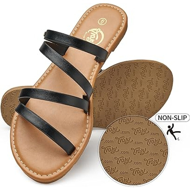 Trary Womens Size 9 Black Strappy Open Toe Slide Flip Flops Dressy Sandal Shoes