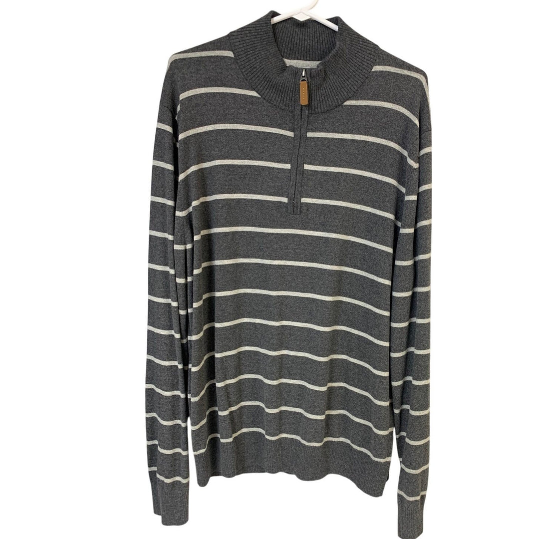 2 St Johns Bay Mens XL Navy Gray Striped Long Sleeve Quarter Zip Knit Sweaters