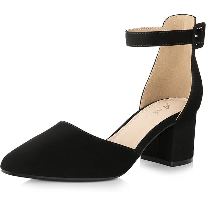 Ankis Womens Size 8.5 Black 2" Chunky Heel Closed Pointed Toe Ankle Strap Shoes