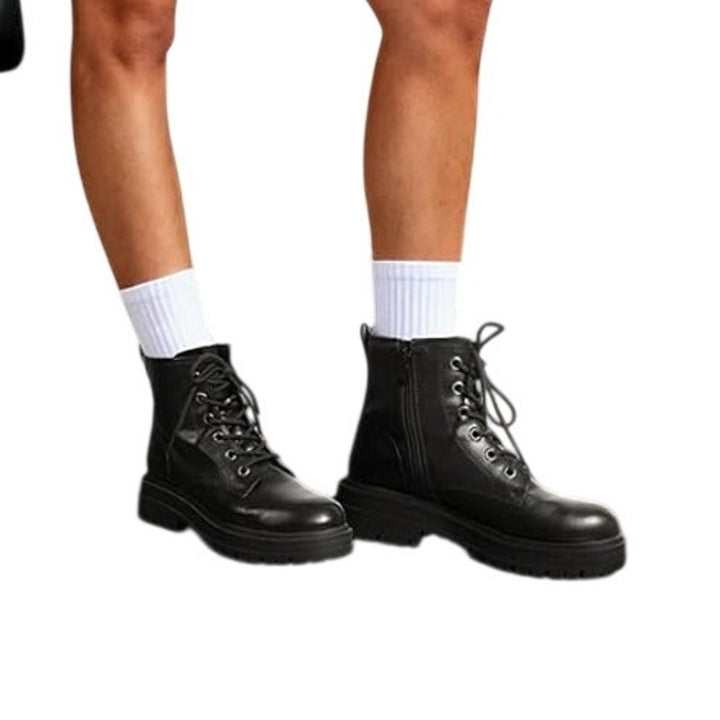 Dream Pairs Womens 6 Black 1.5" Platform Combat Boot Ankle Side Zip Lace Up Shoe