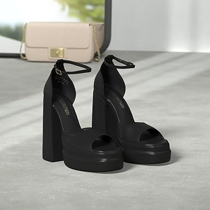 Dream Pairs Womens 11 Black 5" Block Platform Heel Peep Toe Ankle Strap Shoes