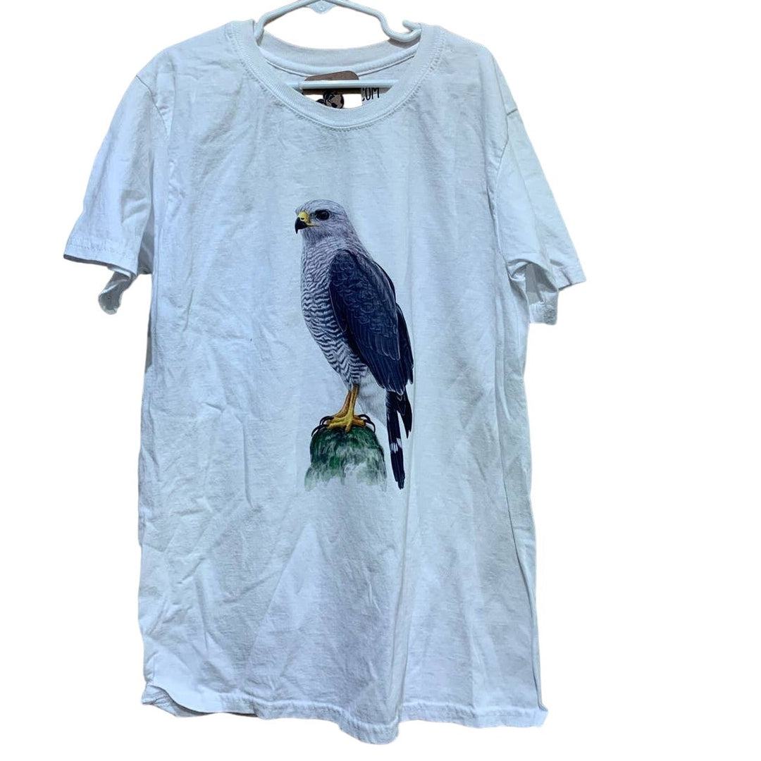 Hand Printed Upcycled Child XL Gray Hawk Crew Neck 100% Cotton Short Sleeve Tee