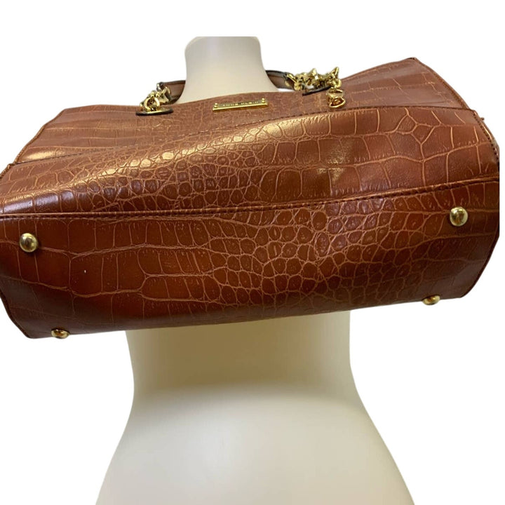 Anne Klein Faux Crocodile Brown Leather Handbag Purse Gold Chains Pockets
