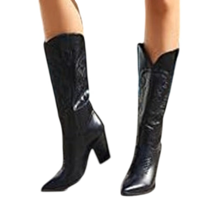 Isnom Womens Size 7 Black Embroidered Faux Leather Wide Calf Cowboy Boots