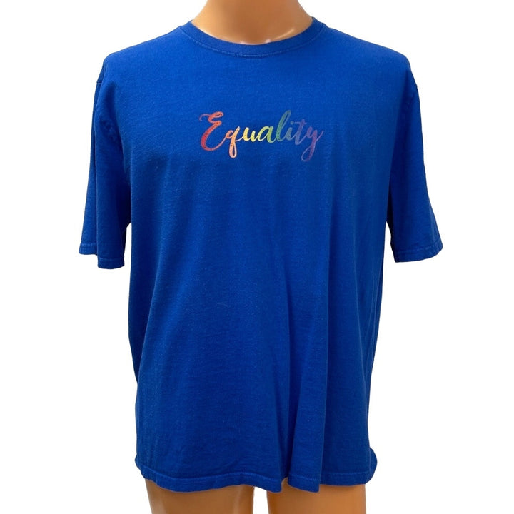 Hand Printed Mens Large Upcycled June Pride Month Rainbow Equality Crew Neck Tee