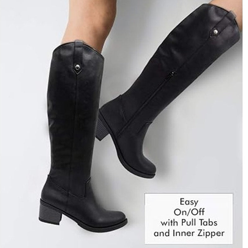 London Fog Womens Size 8.5W Wide Black Faux Leather 1.5" Block Heel Riding Boots