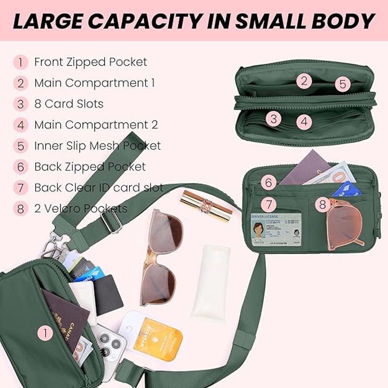 New Vonal Small Green RFID Blocking Nylon Lots of Pockets Crossbody Bag Purse