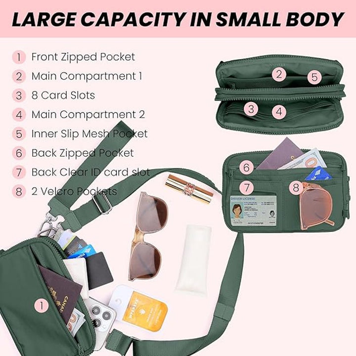 New Vonal Small Green RFID Blocking Nylon Lots of Pockets Crossbody Bag Purse