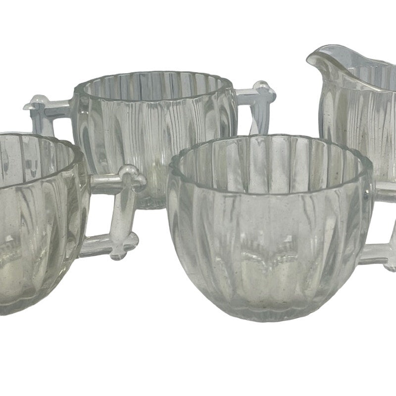 Vintage Clear Glass Striped Design 3 Coffee Tea Mug Creamer Sugar Bowl Set