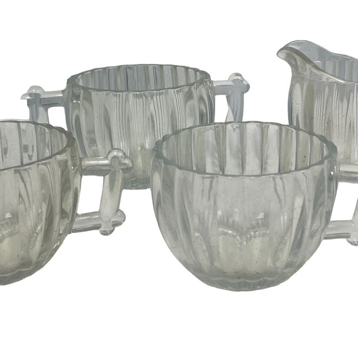 Vintage Clear Glass Striped Design 3 Coffee Tea Mug Creamer Sugar Bowl Set