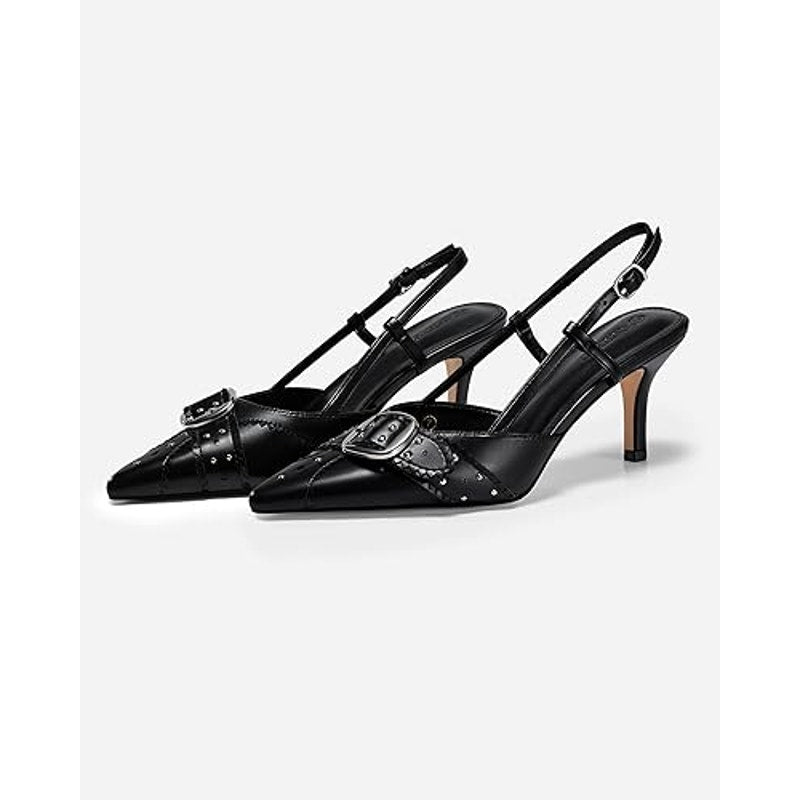 Coutgo Womens Size 7 Black Silver Buckle Studs Slingback Heels Closed Toe Shoes