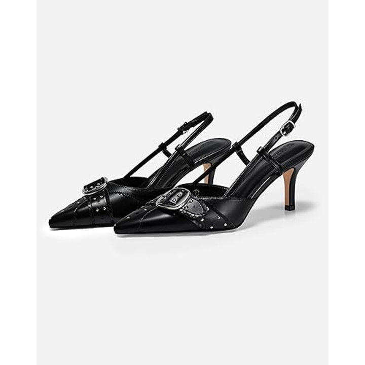 Coutgo Womens Size 7 Black Silver Buckle Studs Slingback Heels Closed Toe Shoes