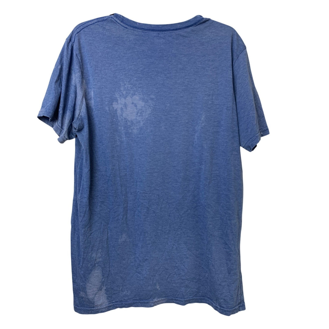 Upcycled Hand Printed Womens Medium Blue Save Planet Earth Bleached Tee Shirt