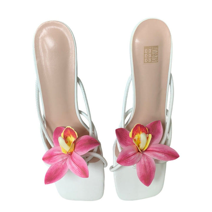 New Womens Size 9 White Pink Flower Slide On 4" Heel Open Toe Thong Sandal Shoes