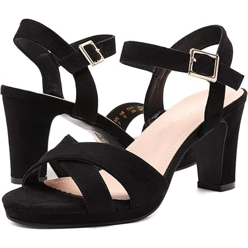 Dream Pairs Womens Size 10 Black Faux Suede 3.5" Chunky Heel Ankle Strap Shoes
