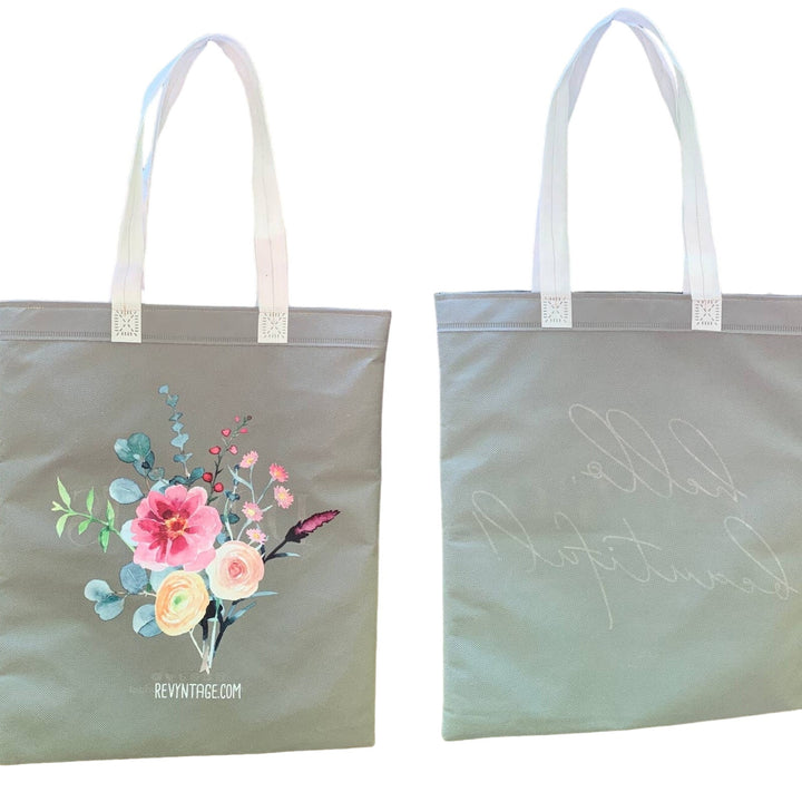 Upcycled Hand Printed Summer Flower Peony Aster Eucalyptus Floral Tote Bag