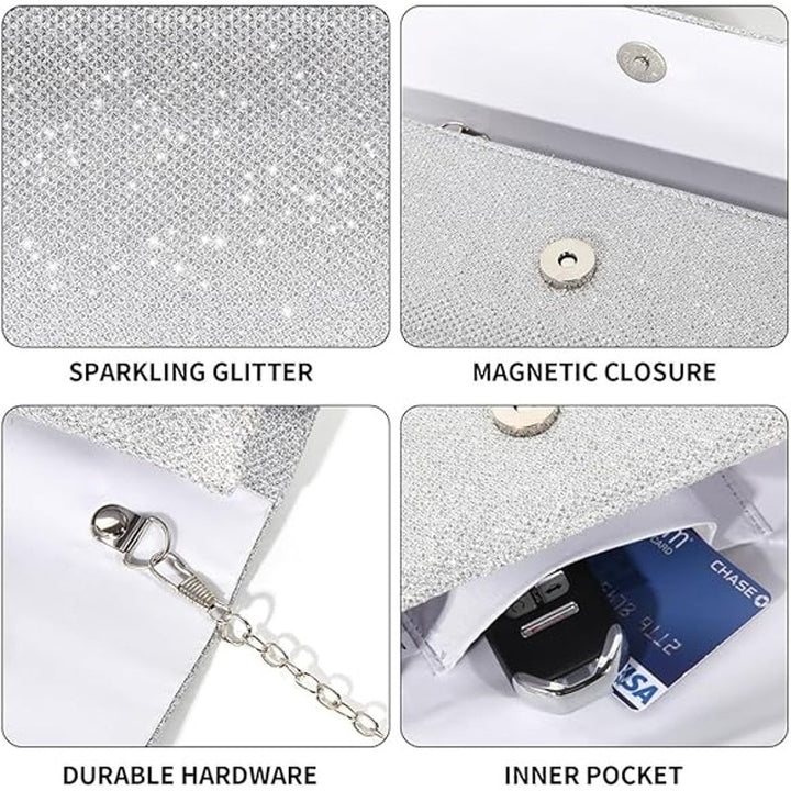 IovyoCoCo Womens Silver Glitter Magnetic Closure Chain Strap Handbag Clutch