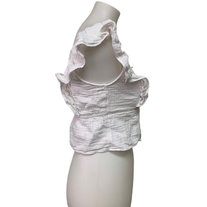 New Aerie Womens Small White Ruffle Sleeve Lace Floral Cottage Front Button Top