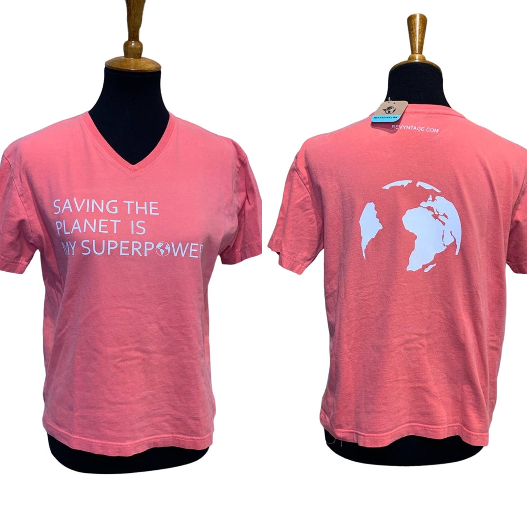 Hand Printed Upcycled Medium Saving the Planet is My Superpower Short Sleeve Tee