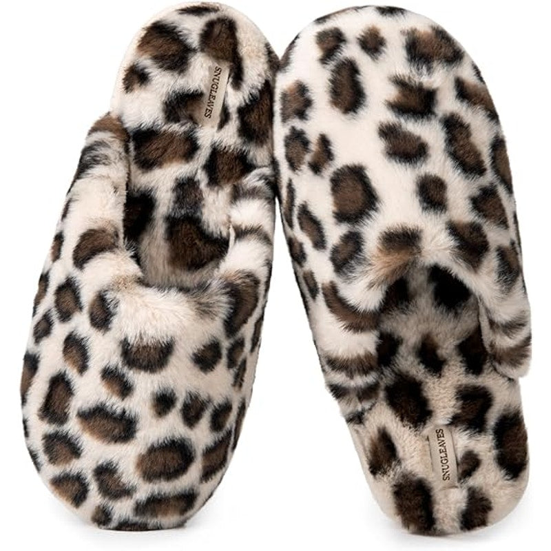 New Snug Leaves Womens 7/8 White Brown Leopard Spot Fuzzy Memory Foam Slippers
