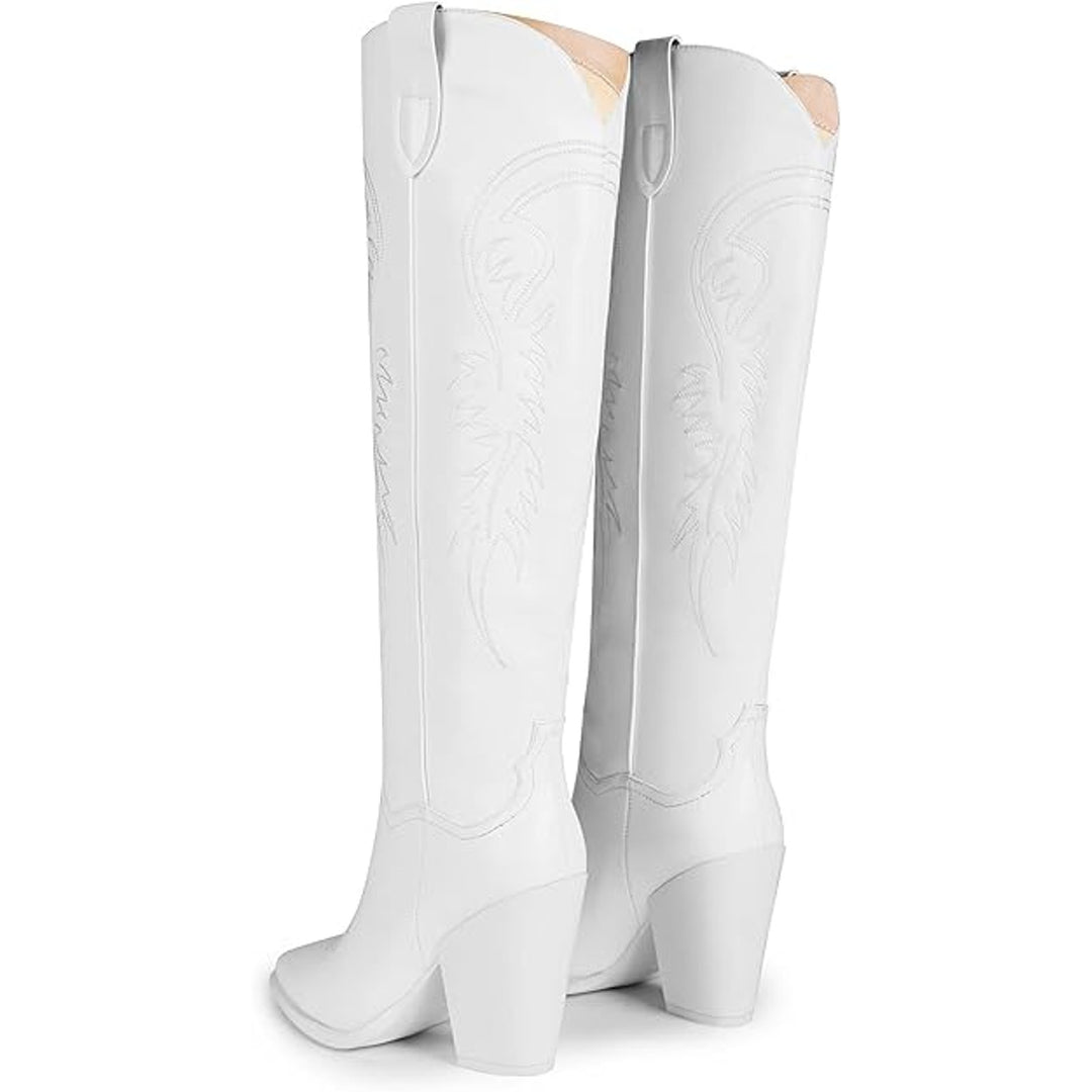 ISNOM Womens Size 7 White Faux Leather Knee High Chunky 4" Heel Cowboy Boots