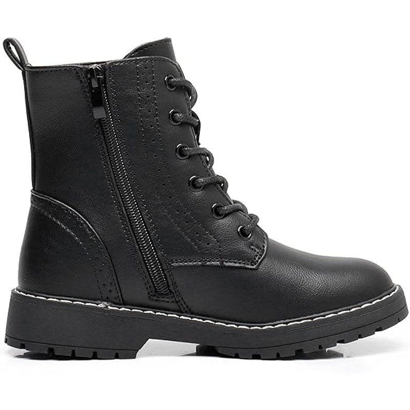 Apakowa Girls Size 5 Black Faux Leather Combat Boots Side Zipper Ankle Booties